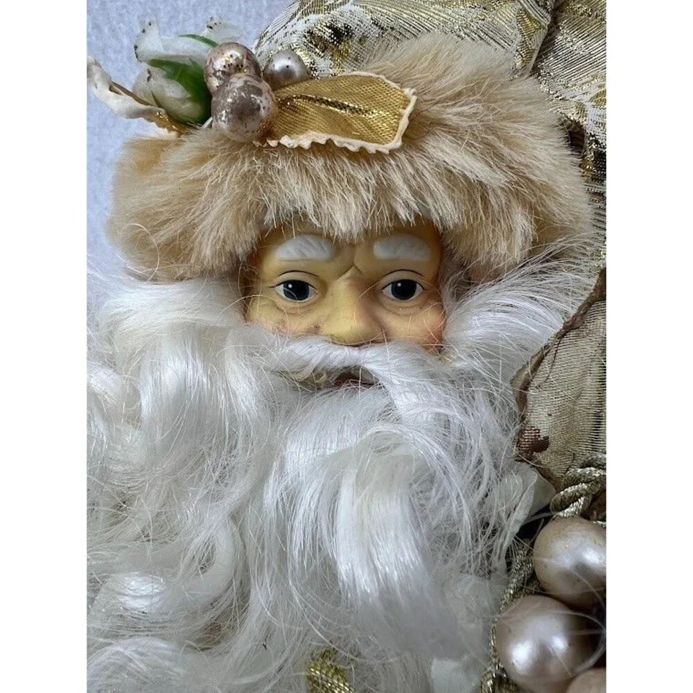 Vintage Kmart Santa Clause Figurine Gold &‎ White Ornate with Bag and Gifts 14